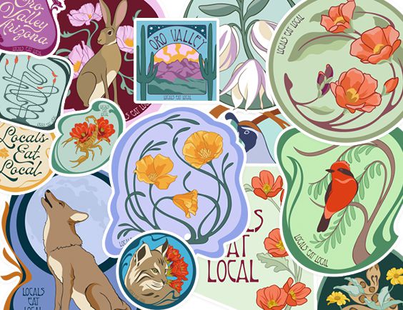 A collage of Oro Valley Sticker Hunt stickers with local wildlife and flowers